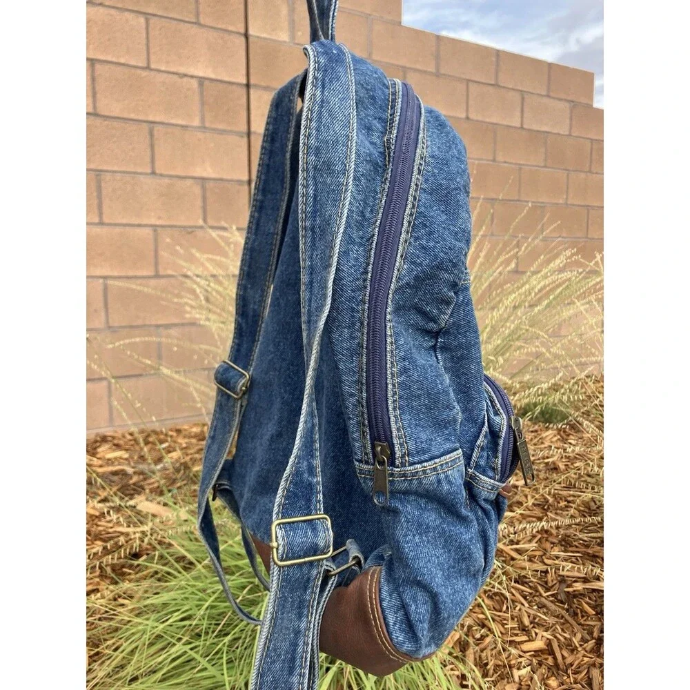 Route 66 Denim Backpack Blue Jean Brown Trim VTG Style RT-66 Travel Bag